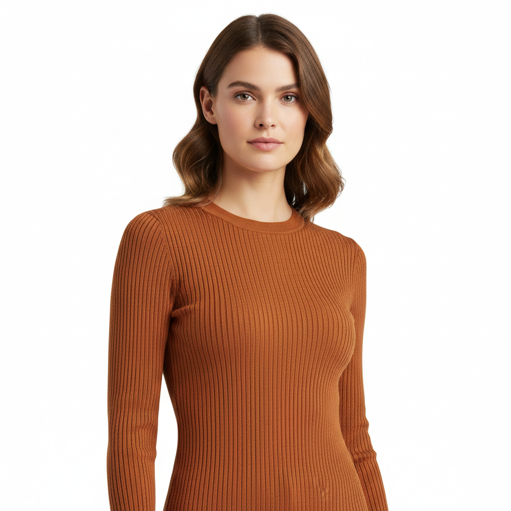 Ribbed Knit Top in Cinnamon Copper – Model