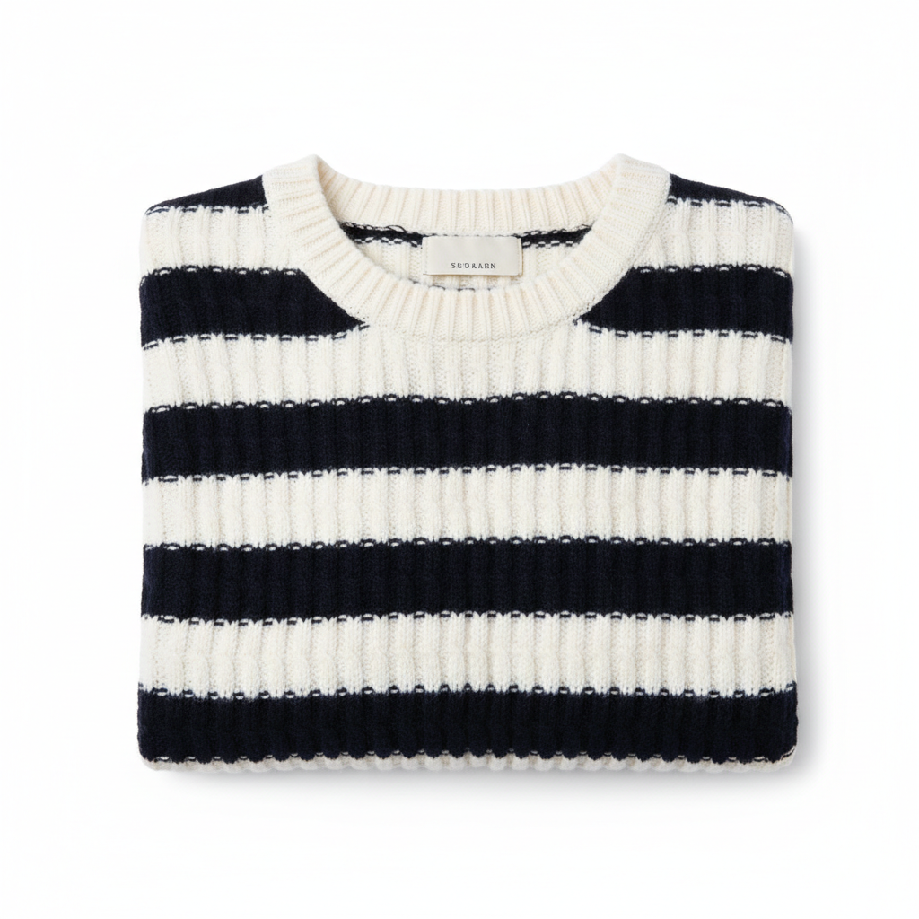 Striped Knit Sweater in Cream & Navy – Knit Texture Close-Up