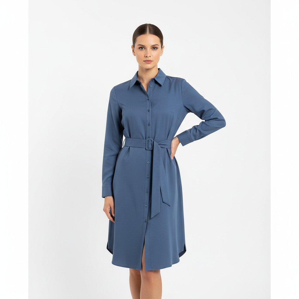 Model wearing Shirt Belted Dress in Steel Blue