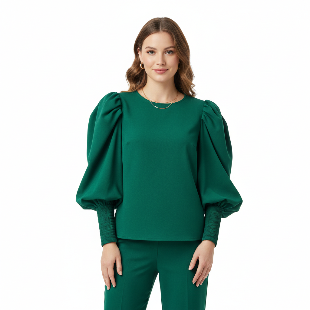 Puff Sleeve Blouse in Forest Emerald – Model