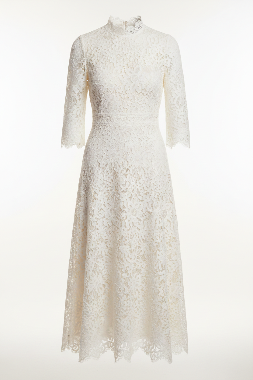 Lace Midi Dress in Ivory White - Front View