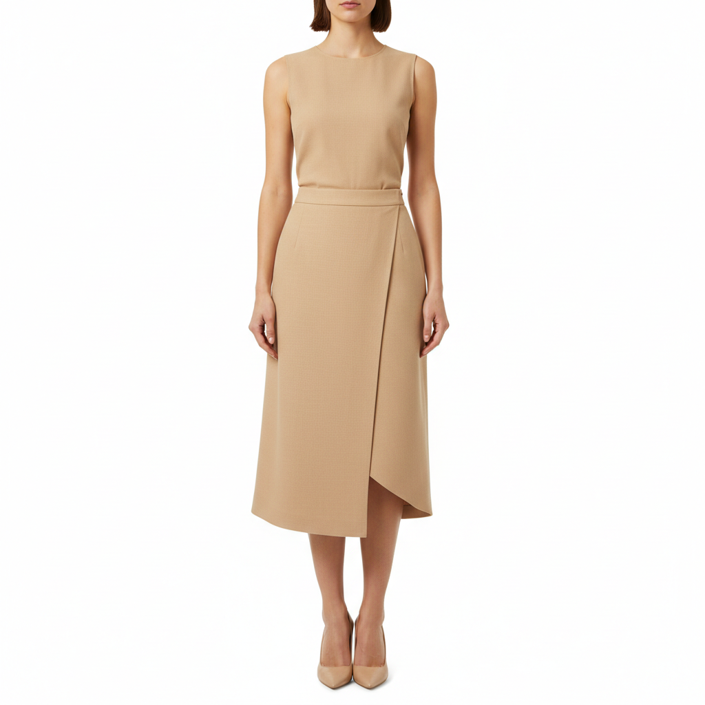 Asymmetric Wrap Midi Skirt in Stone Beige – Model Shot