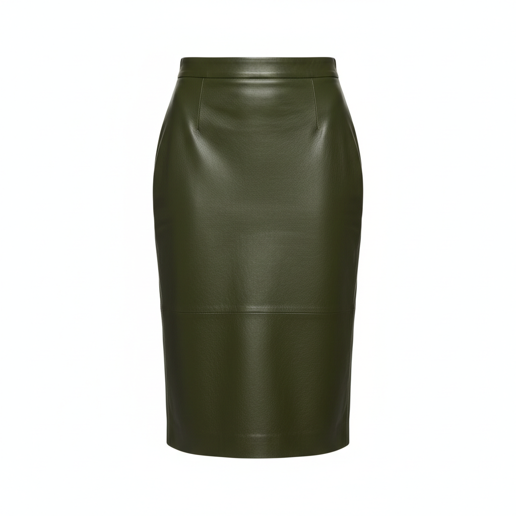 Leather Midi Skirt in Forest Olive – Detail Close-Up