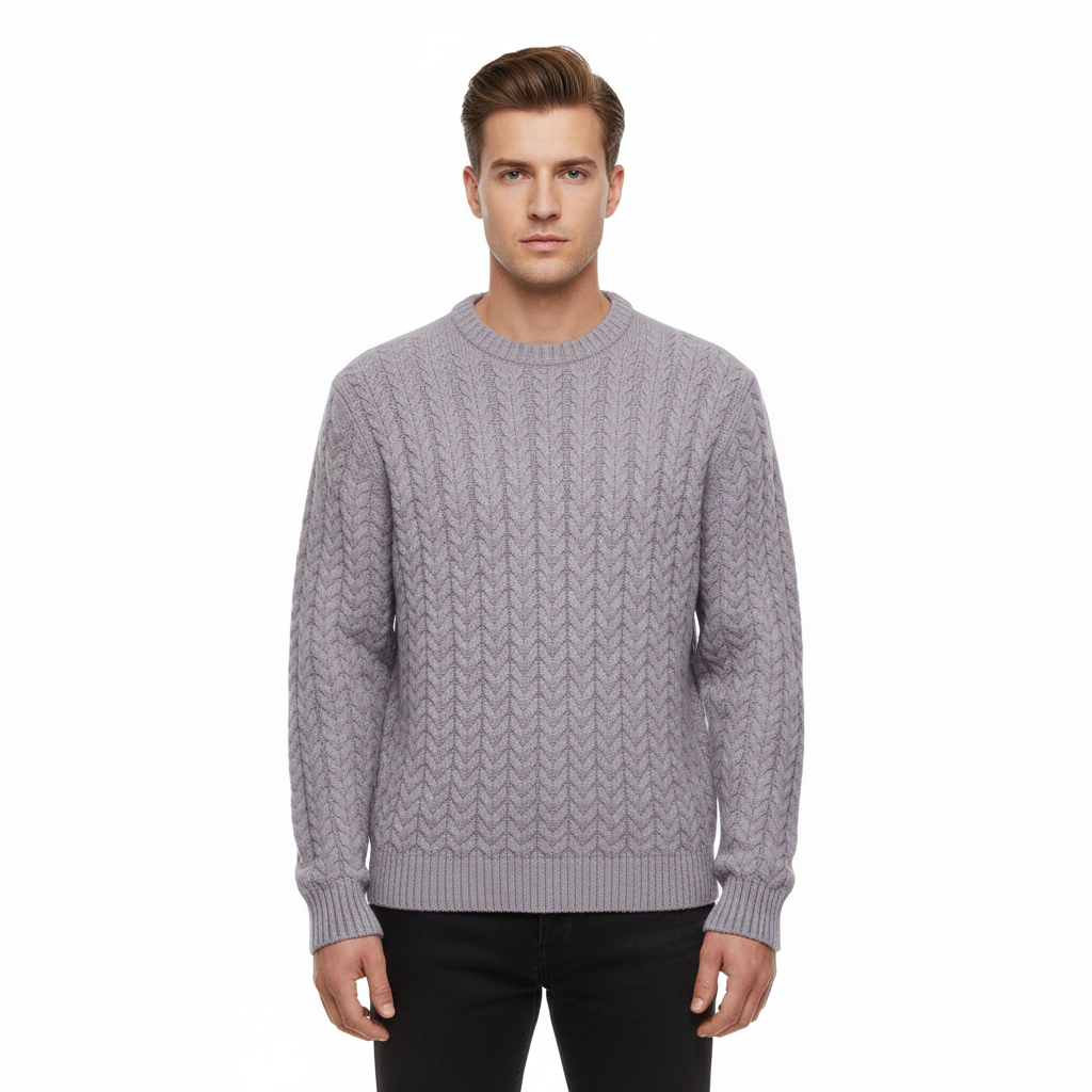 Cable Knit Sweater in Lavender Grey – Male Model Shot