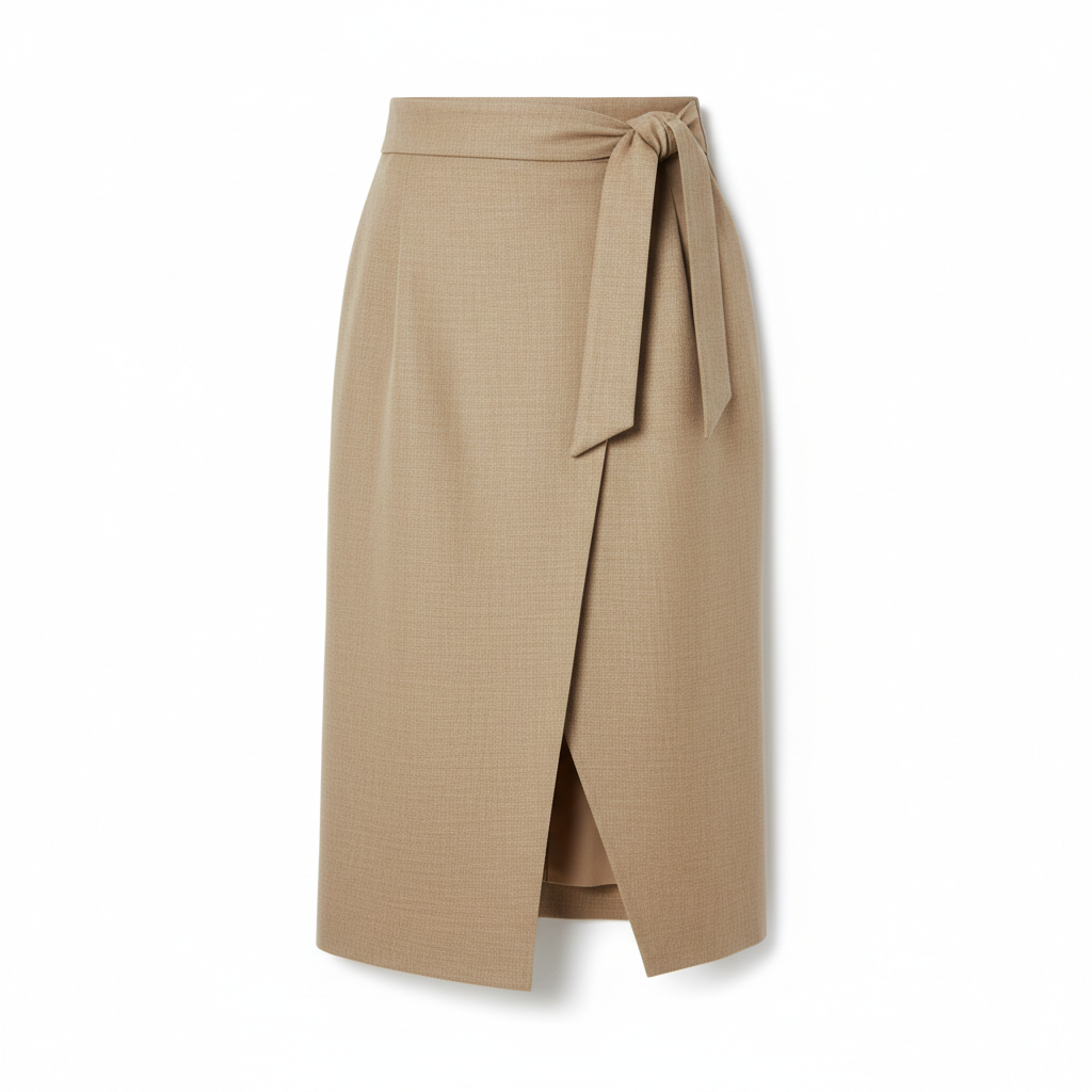 Asymmetric Wrap Midi Skirt in Stone Beige – Front View