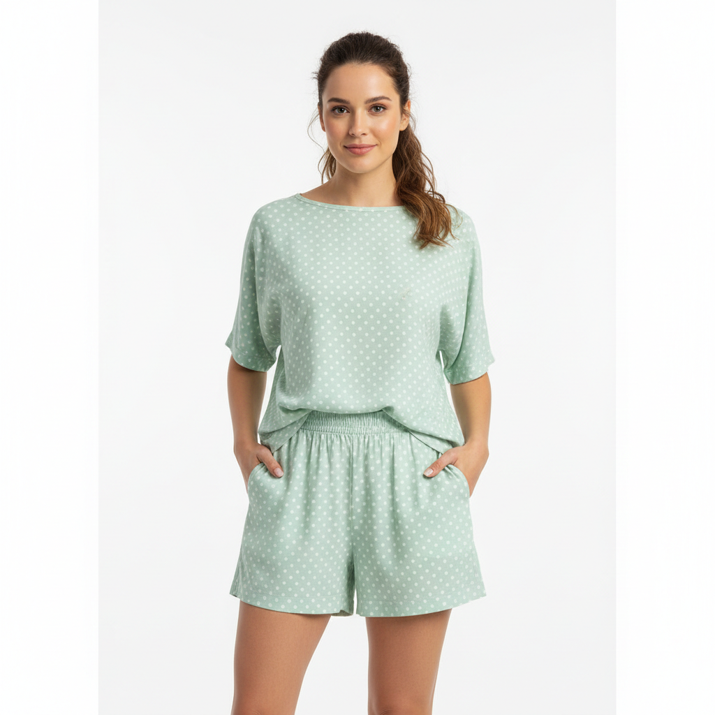 Polka Dot Casual Shorts in Pistachio Green – Model Shot