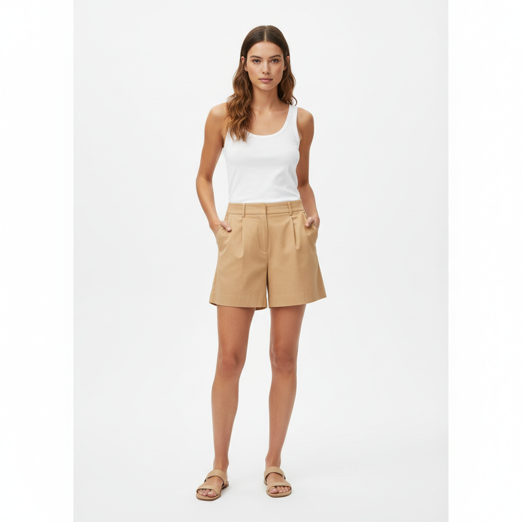 Casual Pleated Shorts in Desert Sand – Model Shot