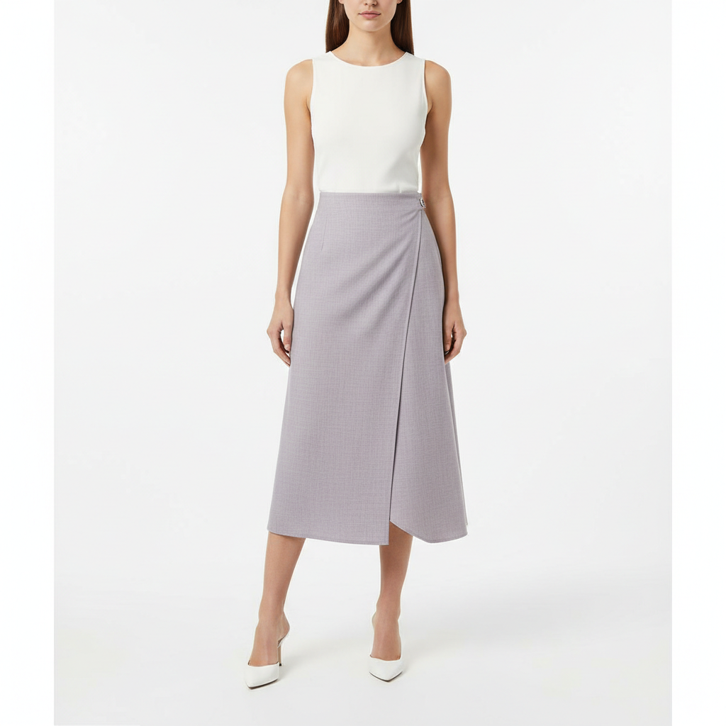 Asymmetric Wrap Midi Skirt in Lavender Grey – Model Shot