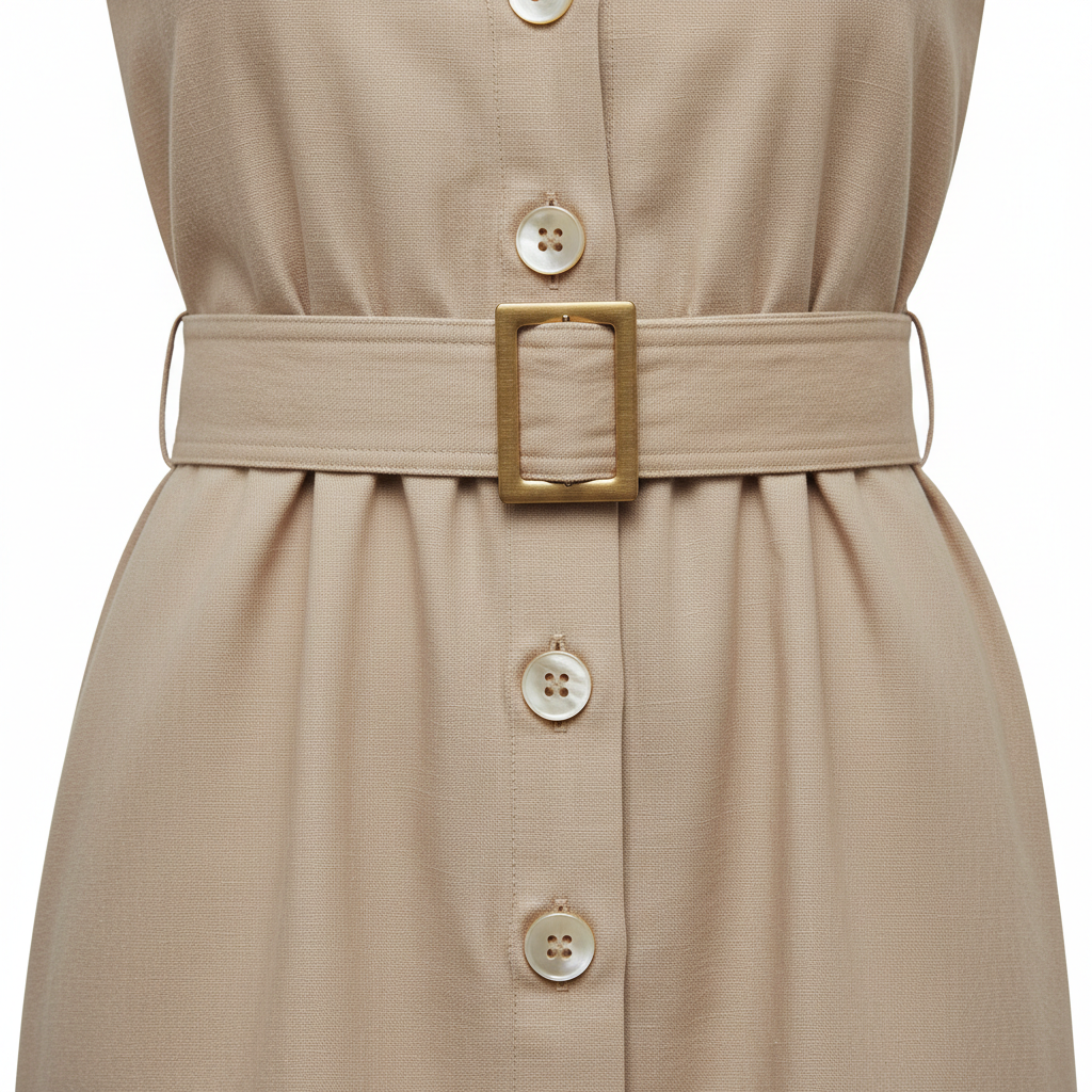 Shirt Belted Dress in Sand Beige – Fabric Detail