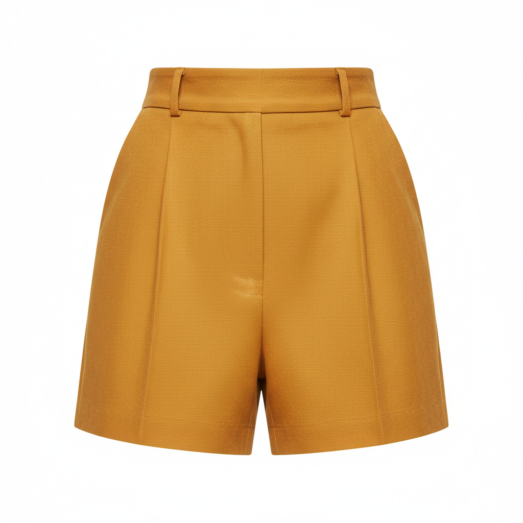 High-Waist Tailored Shorts in Amber Gold – Detail Close-Up