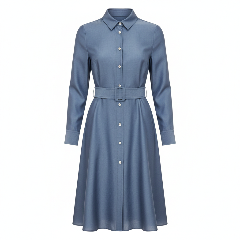 Shirt Belted Dress in Steel Blue – Front View