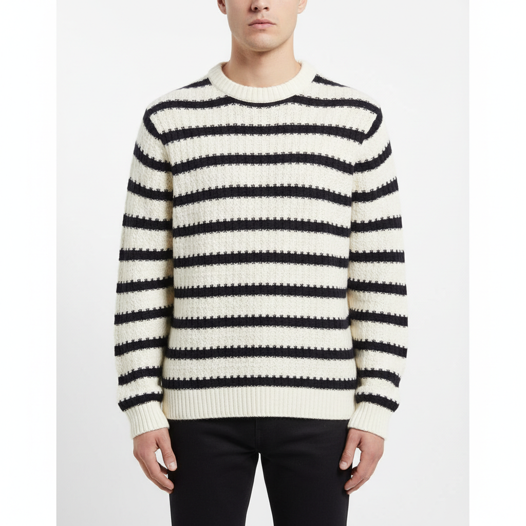 Striped Knit Sweater in Cream & Navy – Male Model Shot