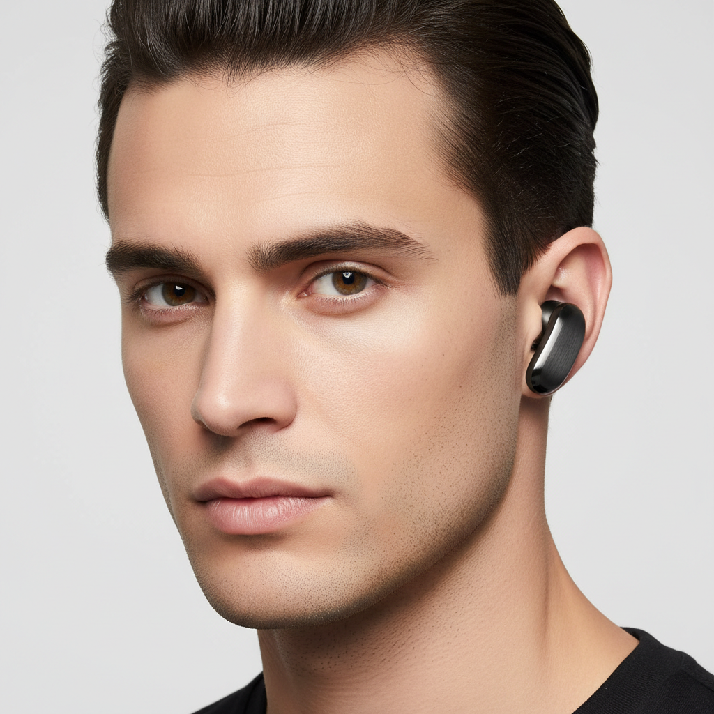 Professional model wearing Luxury Earbuds Elite in Obsidian Titanium