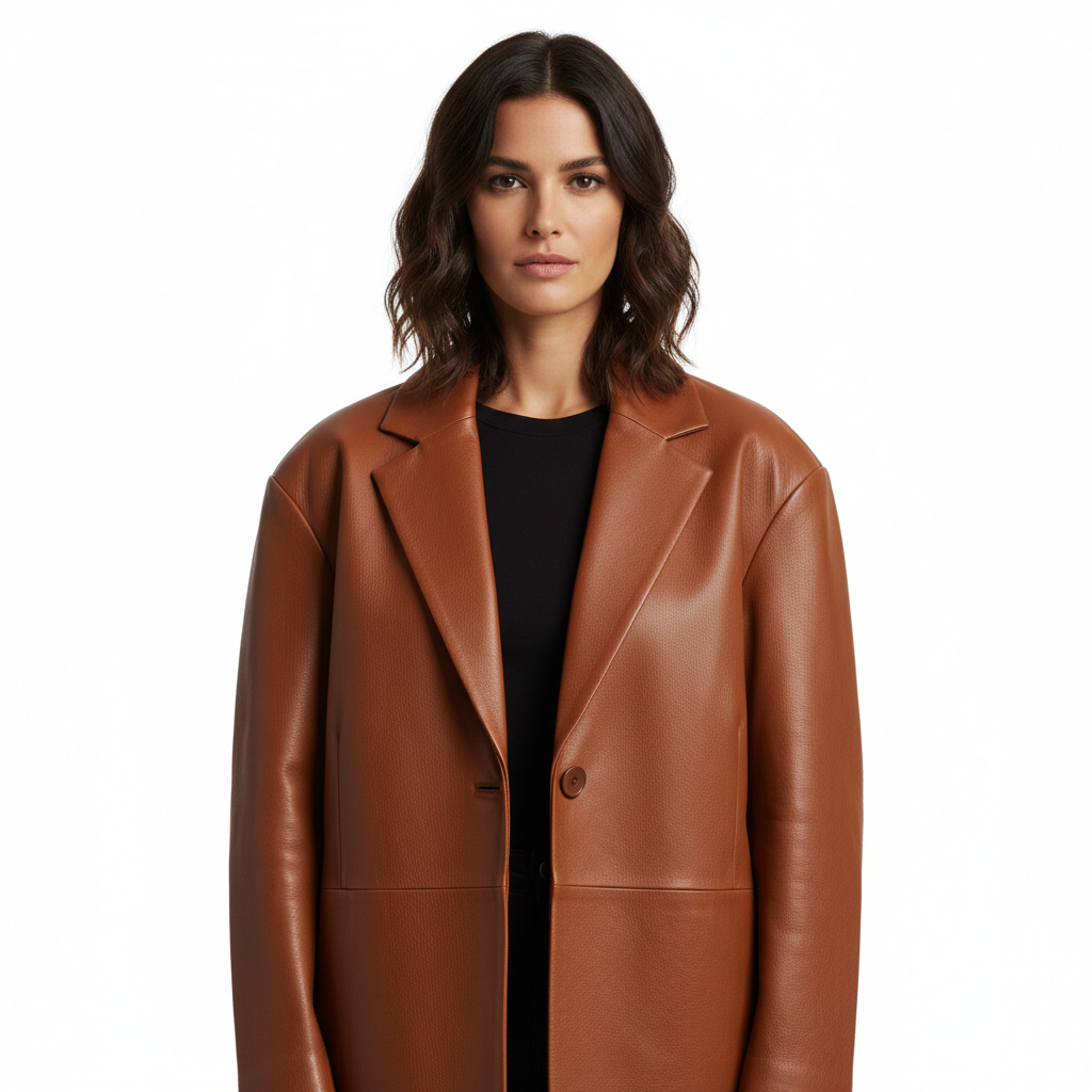 Noir Leather Jacket Cinnamon Brown – Model Shot