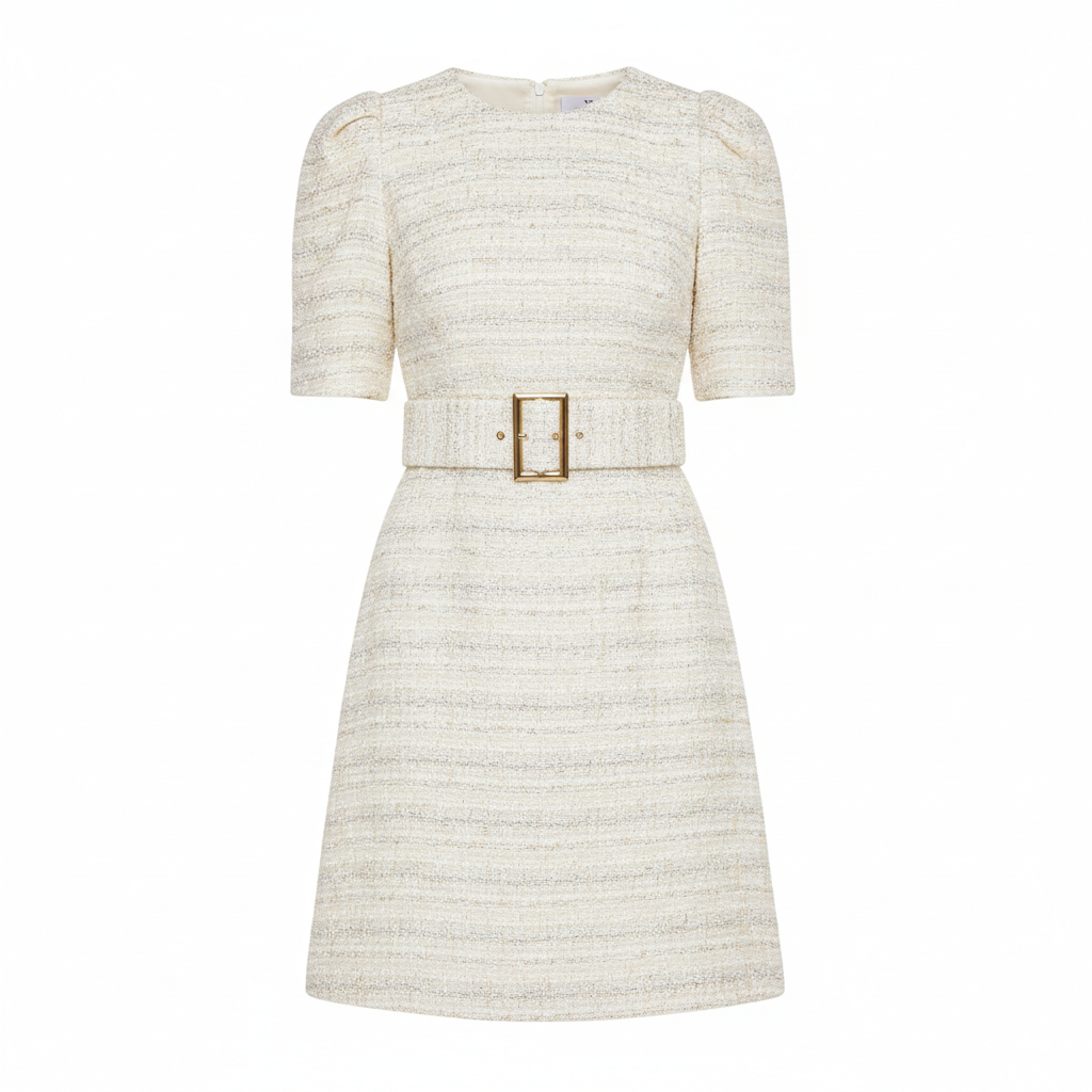 Tweed Belted Mini Dress in Ivory Pearl – Hero
