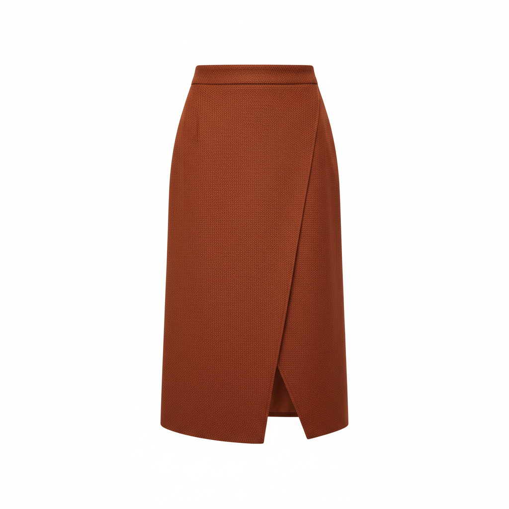Asymmetric Wrap Midi Skirt in Cinnamon Copper – Detail Close-Up