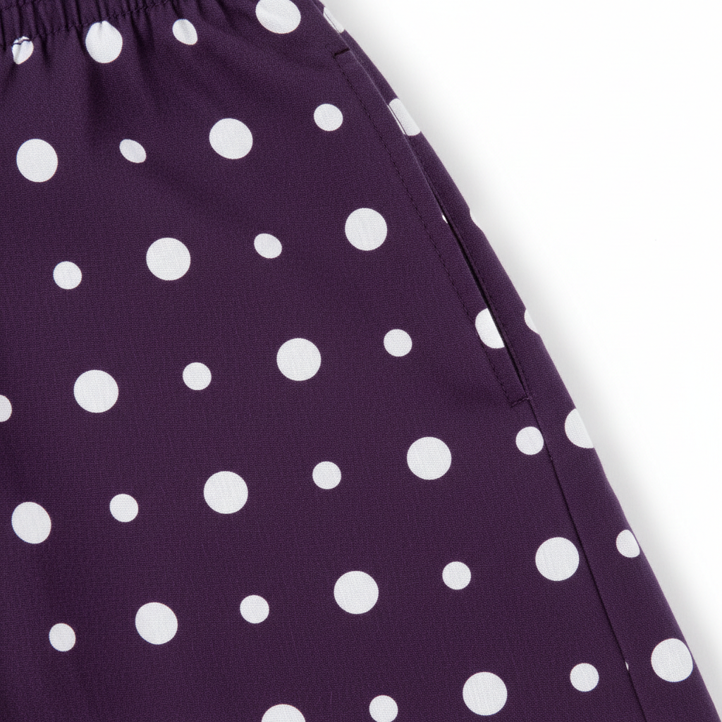 Polka Dot Casual Shorts in Midnight Plum – Detail Close-Up