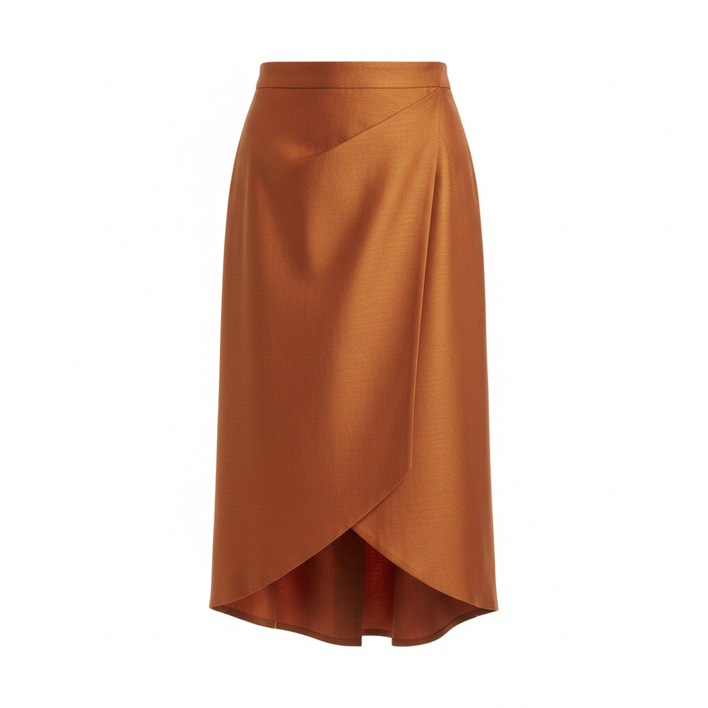 Asymmetric Wrap Midi Skirt in Cinnamon Copper – Front View