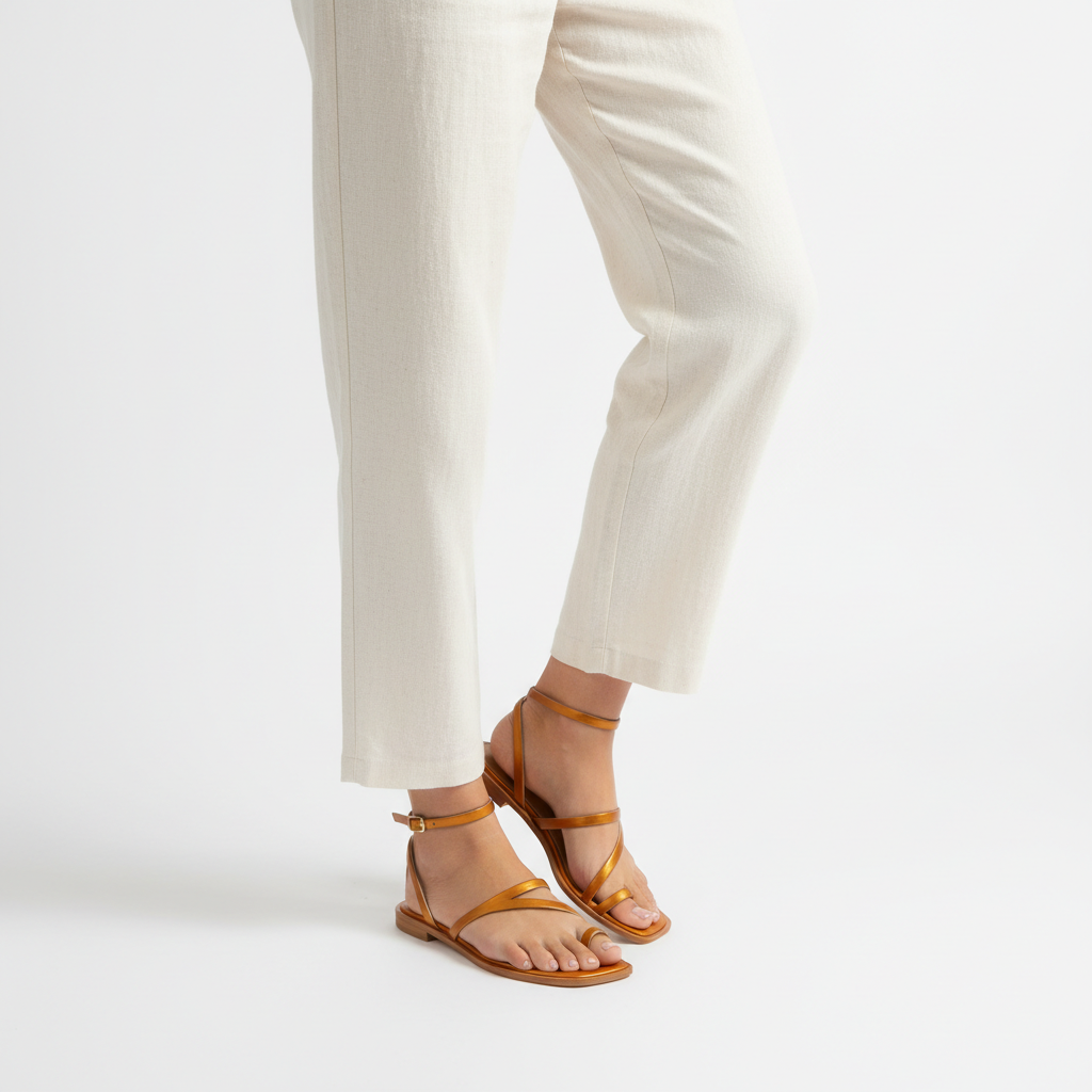 Modern Sandals in Amber Gold – Model Shot