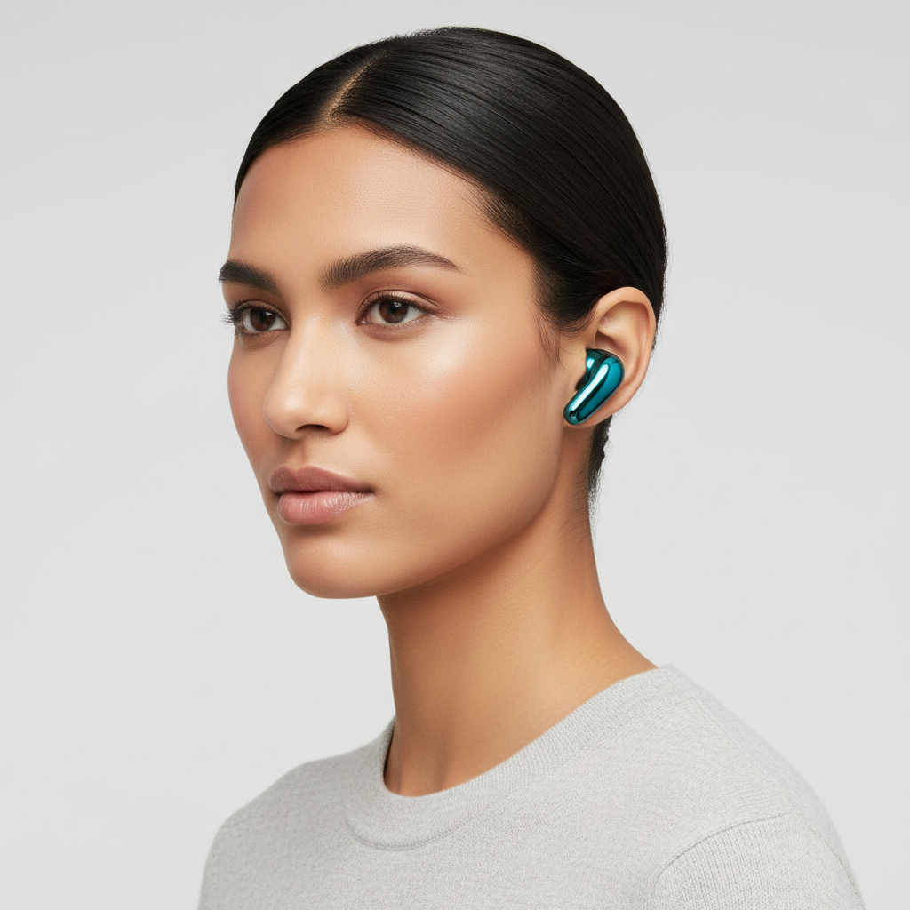 Professional model wearing Luxury Earbuds Elite in Sapphire Cyan
