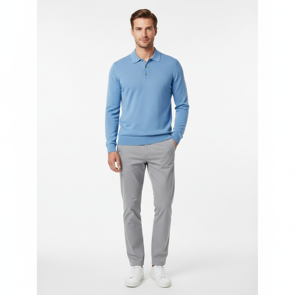 Relaxed Polo Sweater in Sky Blue – Male Model Shot