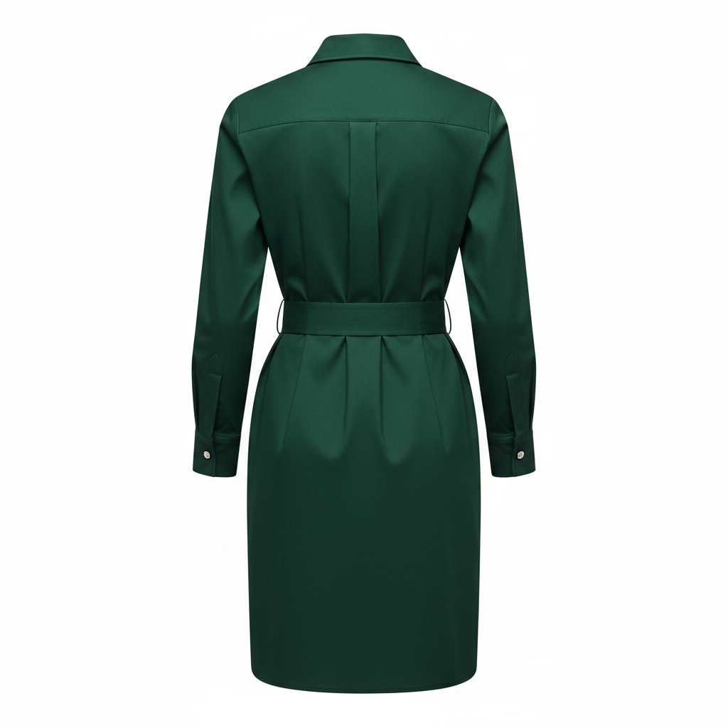 Shirt Belted Dress in Forest Green – Back View