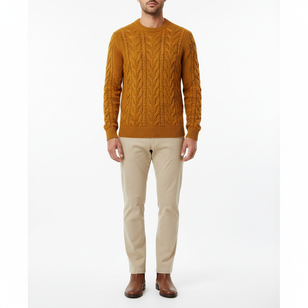 Cable Knit Sweater in Amber Gold – Male Model Shot