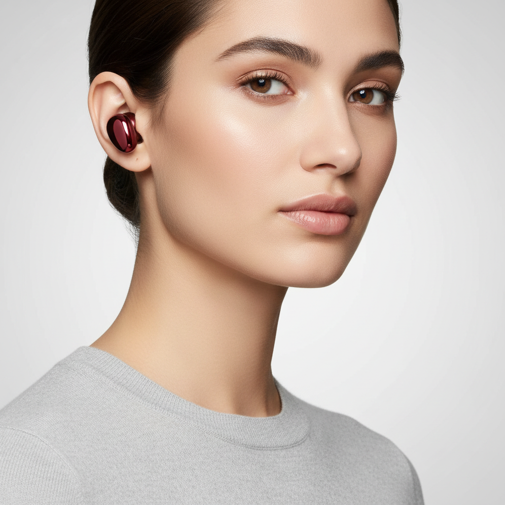 Professional model wearing Luxury Earbuds Elite in Ruby Red