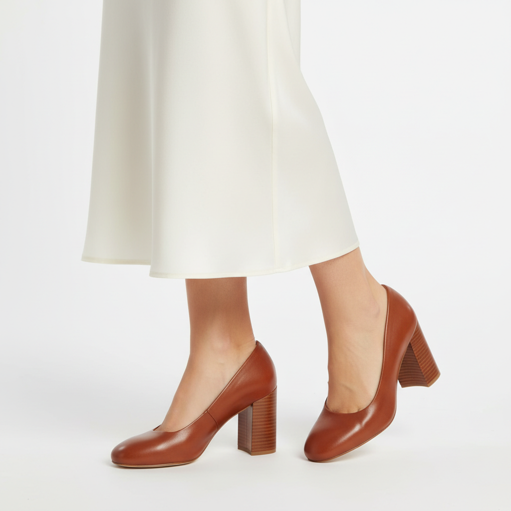 Elegant Block Heels in Cinnamon Brown – Model Shot