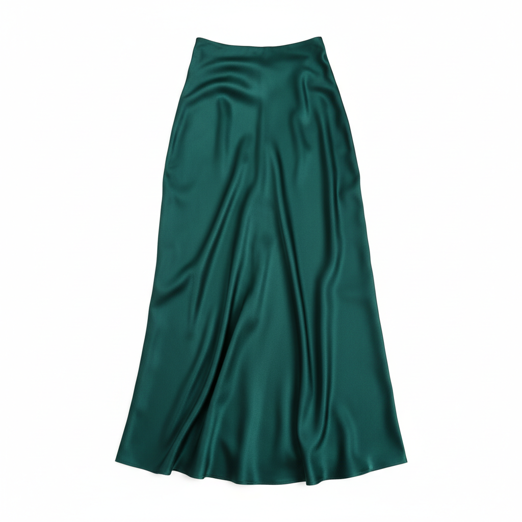 Satin Silk Midi Skirt in Emerald Teal – Front View