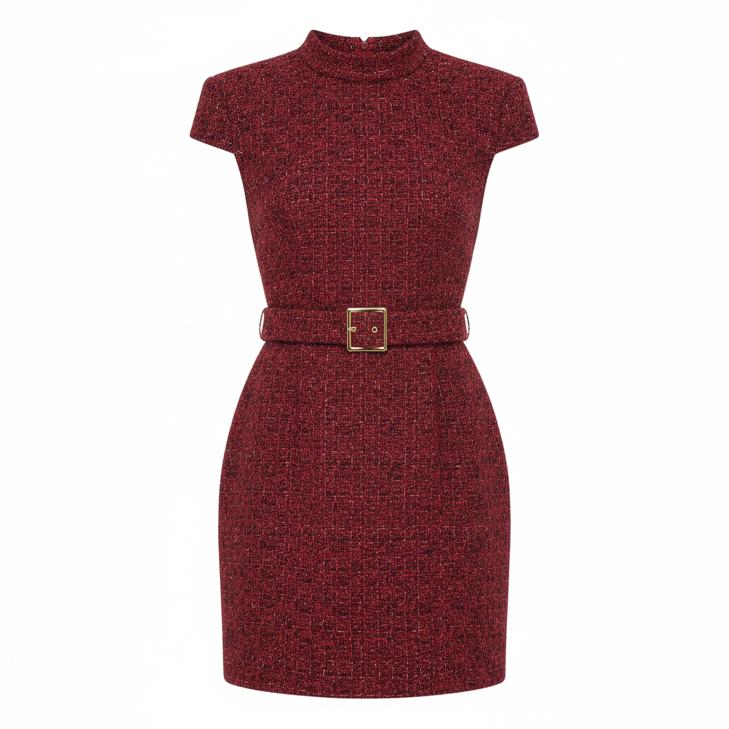 Tweed Belted Mini Dress in Crimson Rouge – Front View