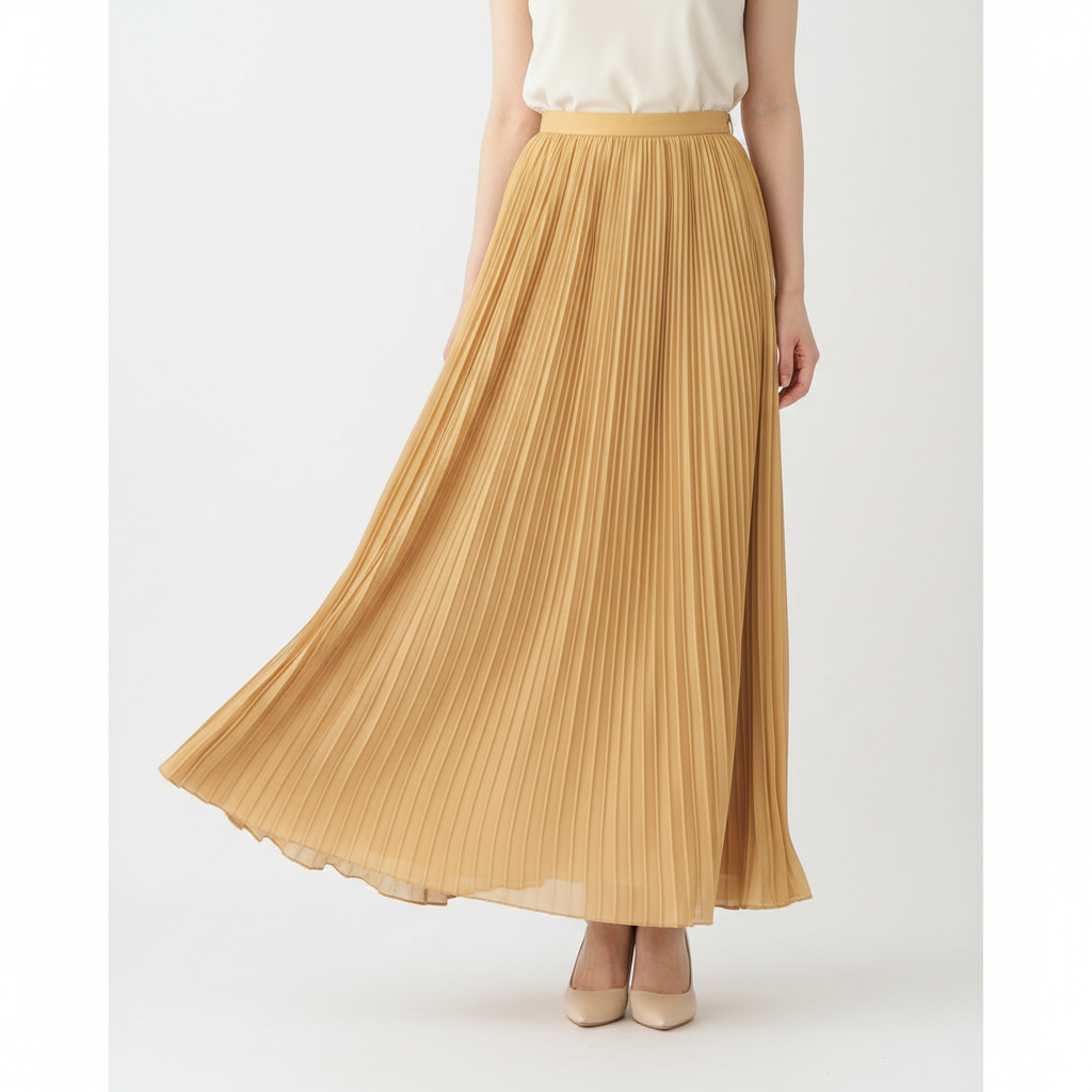 Pleated Long Skirt in Butter Yellow – Model Shot