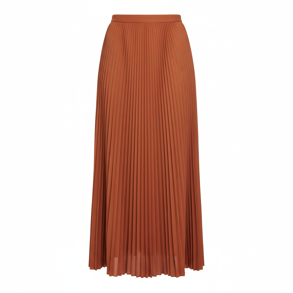 Pleated Long Skirt in Terracotta Rust – Front View