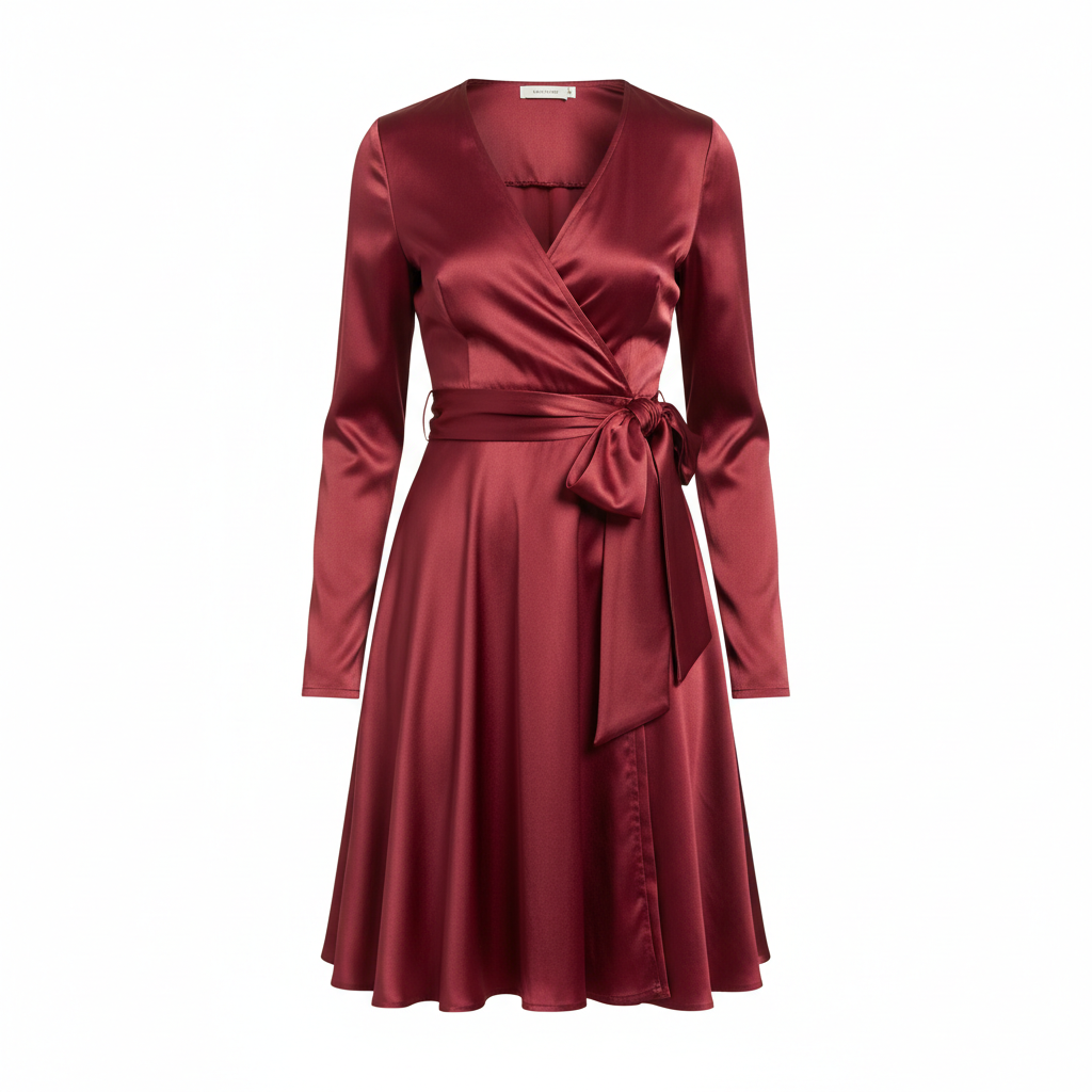 Satin Wrap Mini Dress in Burgundy Wine – Front View