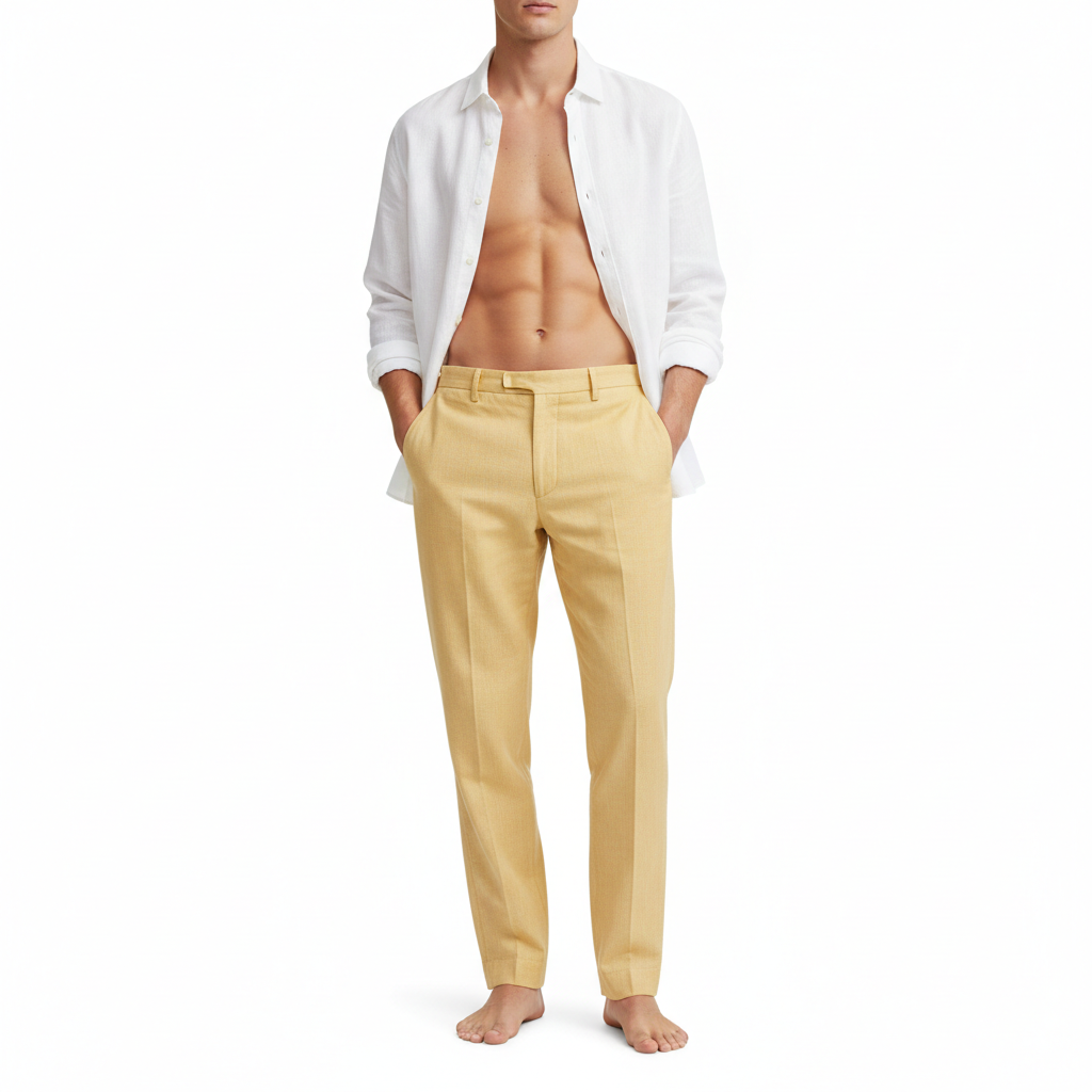 Pinstripe Relaxed Trousers in Butter Yellow – Model Shot