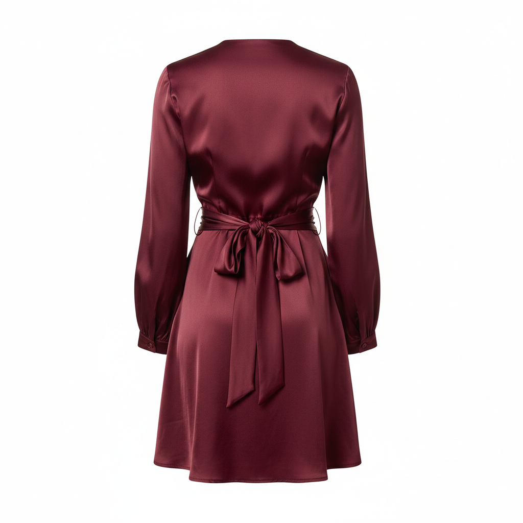Satin Wrap Mini Dress in Burgundy Wine – Back View