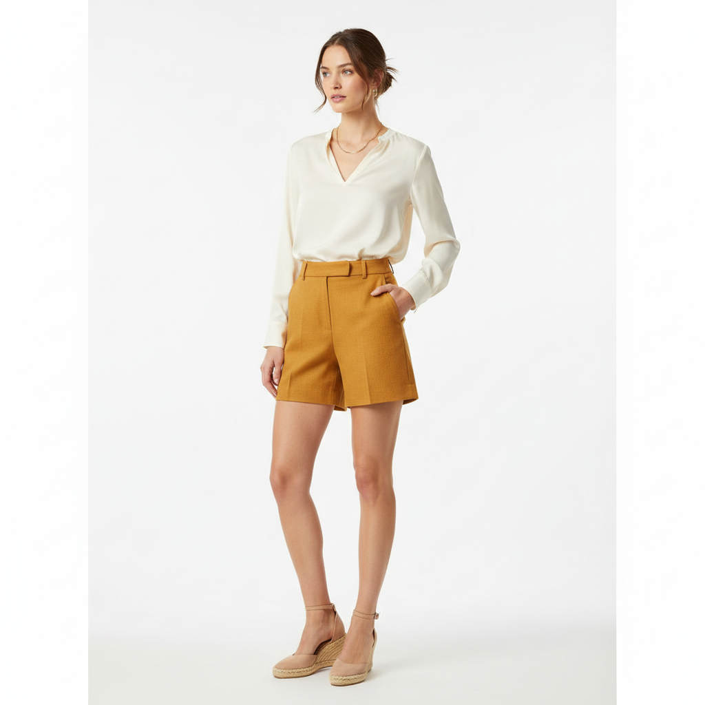 High-Waist Tailored Shorts in Amber Gold – Model Shot