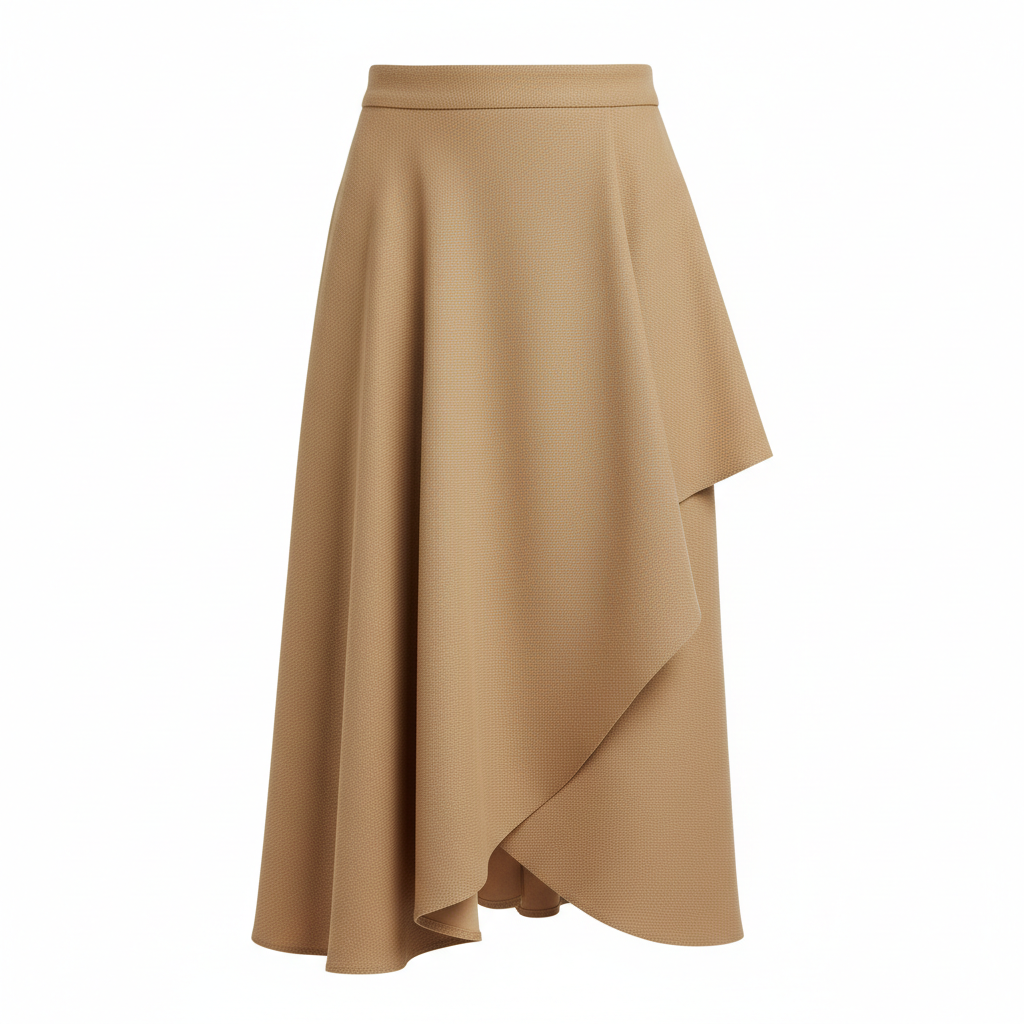 Asymmetric Wrap Midi Skirt in Stone Beige – Detail Close-Up