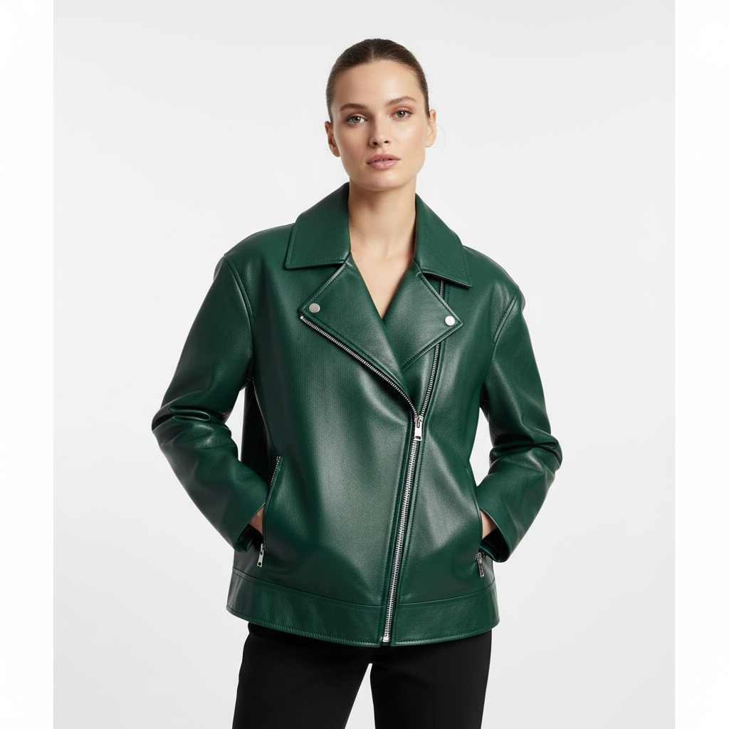 Noir Leather Jacket Forest Emerald – Model Shot
