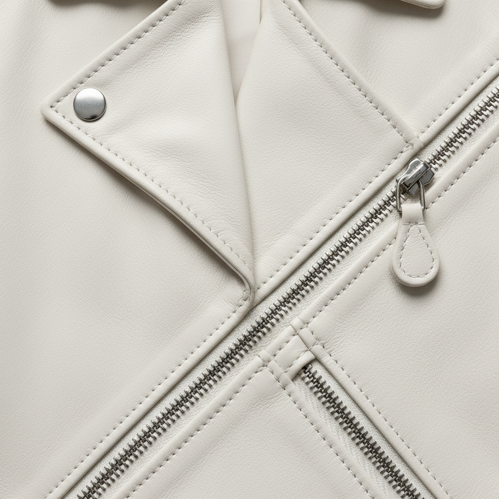 Noir Leather Jacket Pearl White – Leather Detail