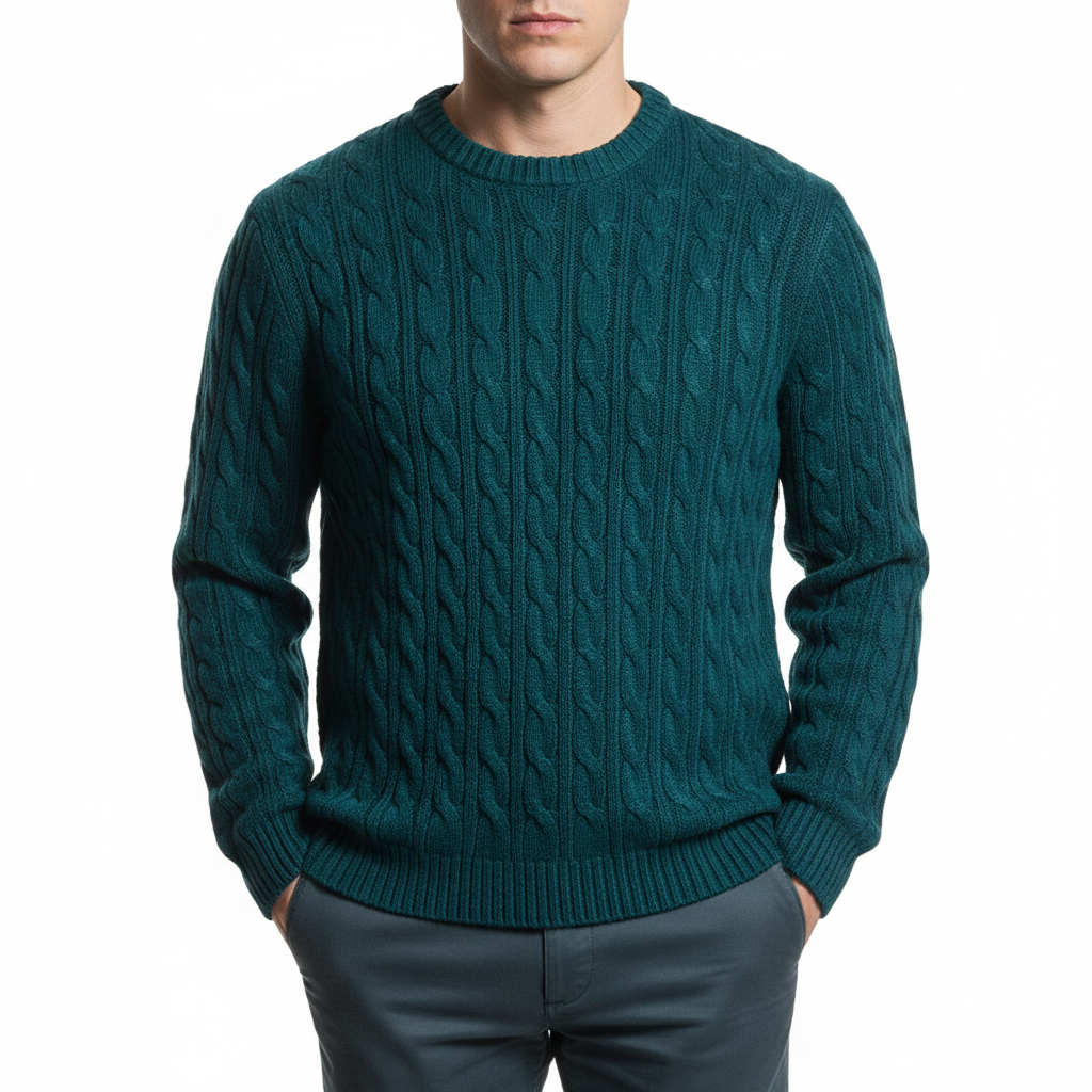 Cable Knit Sweater in Emerald Teal – Male Model Shot