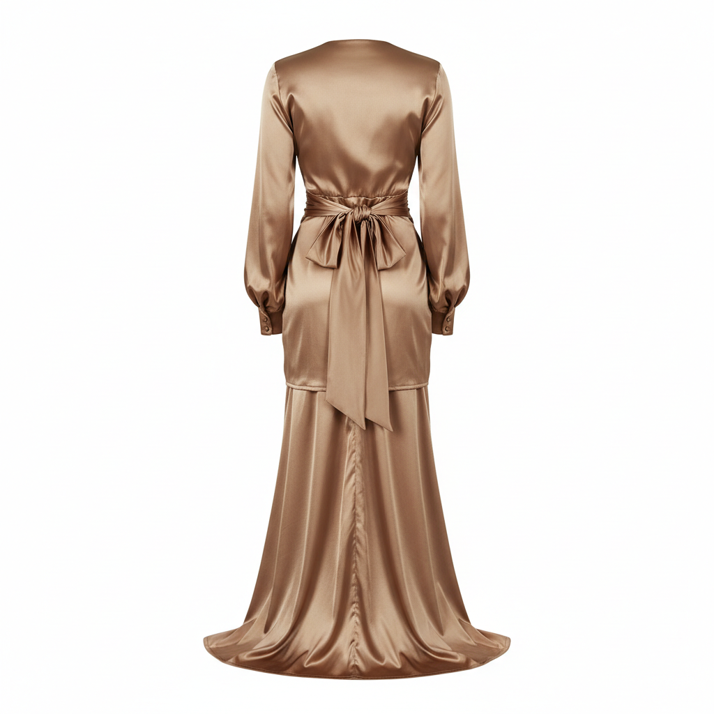 Satin Wrap Mini Dress in Champagne Bronze – Back View