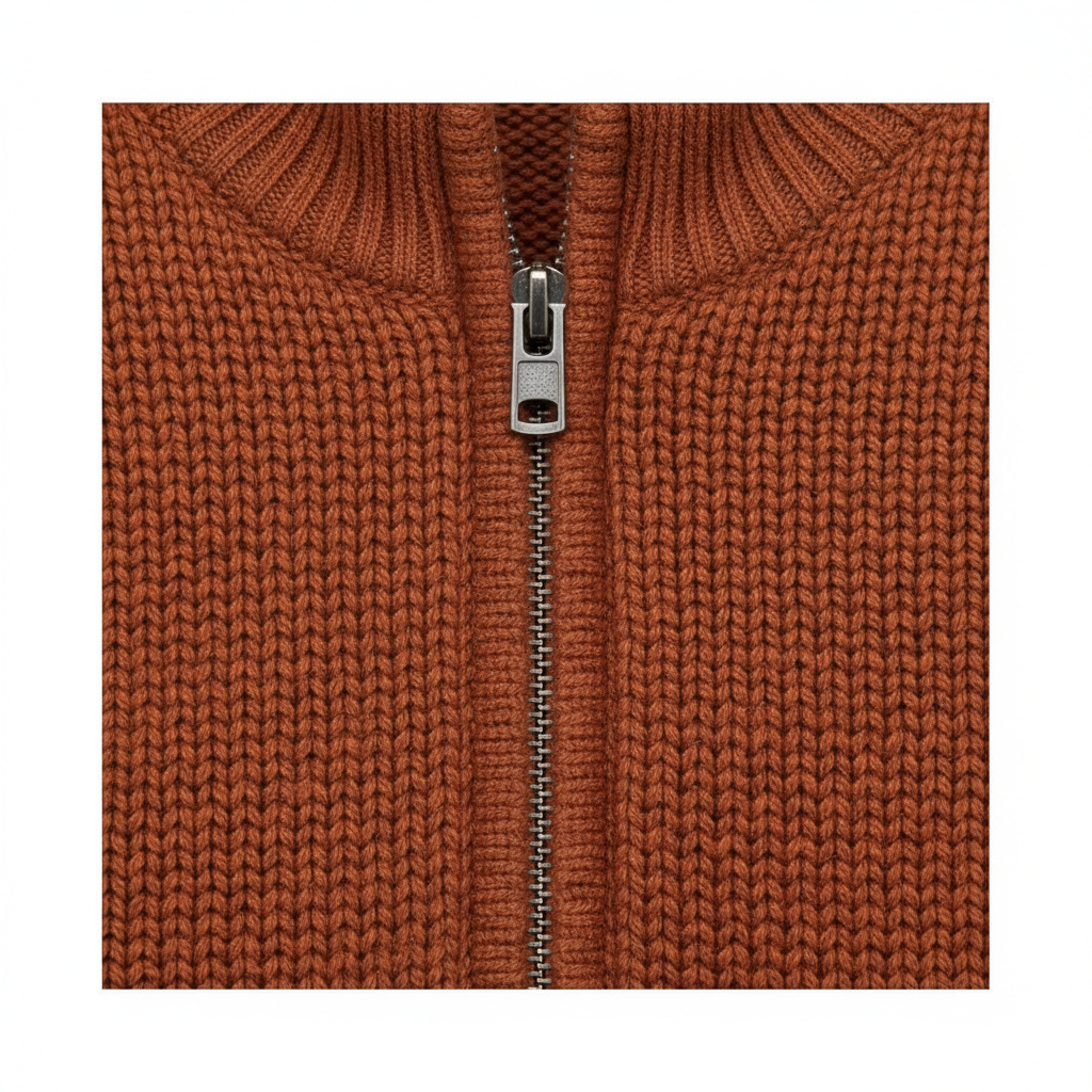 Classic Zip Pullover in Burnt Copper – Knit Texture Close-Up