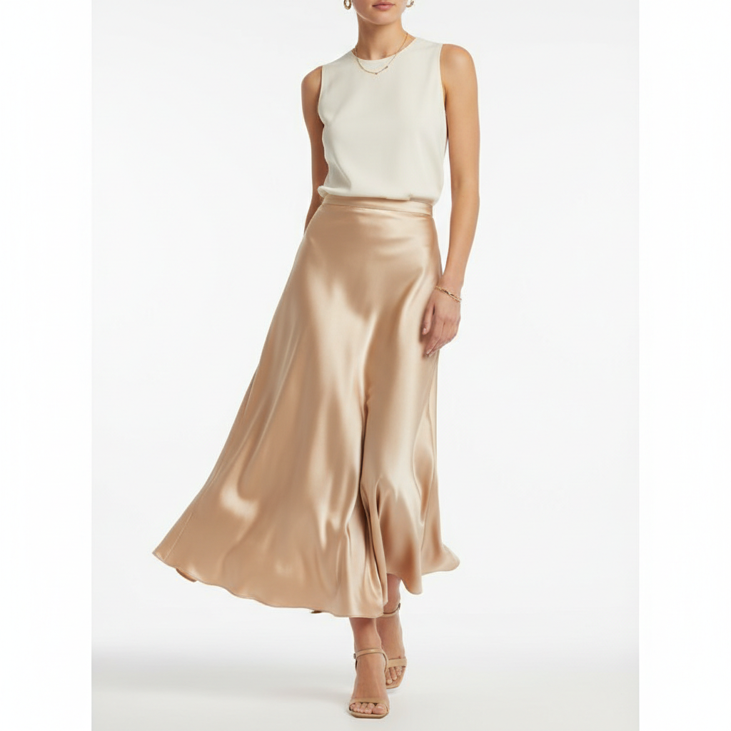 Satin Silk Midi Skirt in Champagne Gold – Model Shot