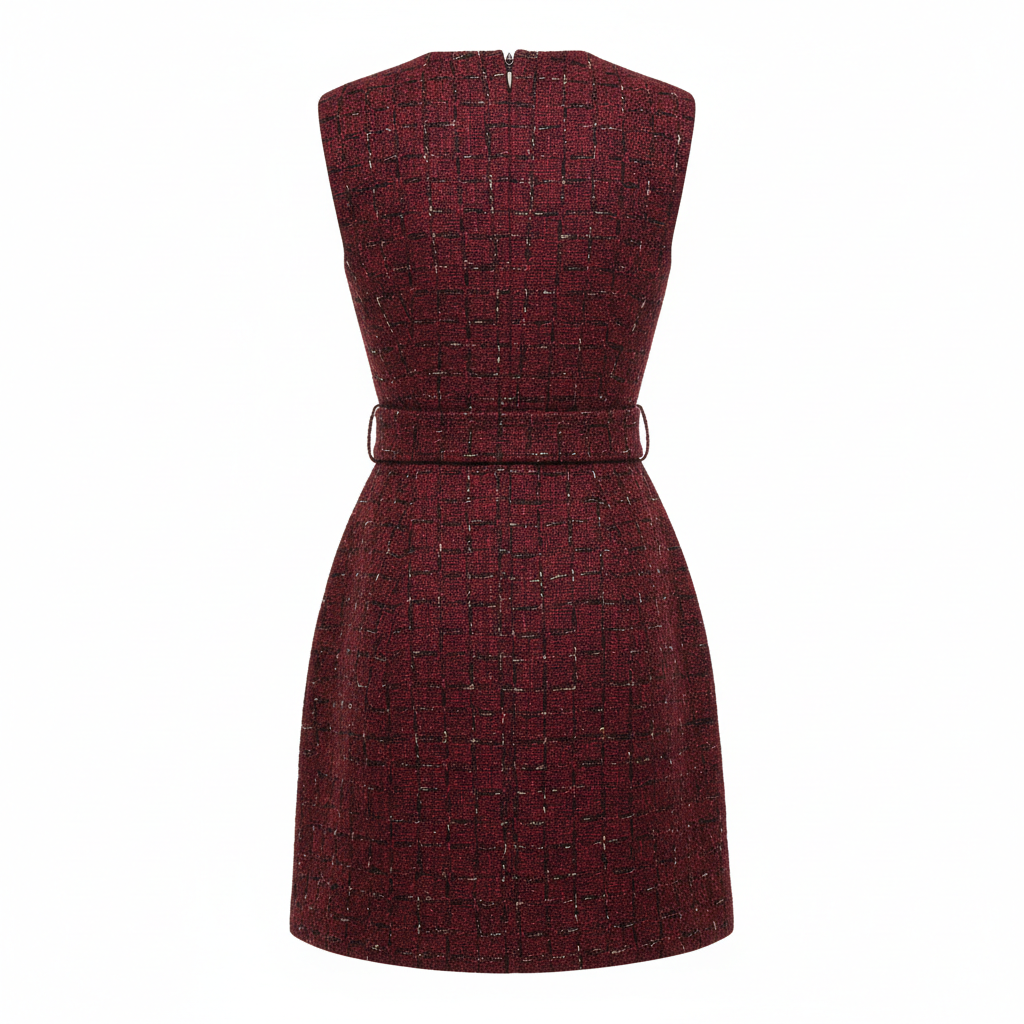 Tweed Belted Mini Dress in Crimson Rouge – Back View
