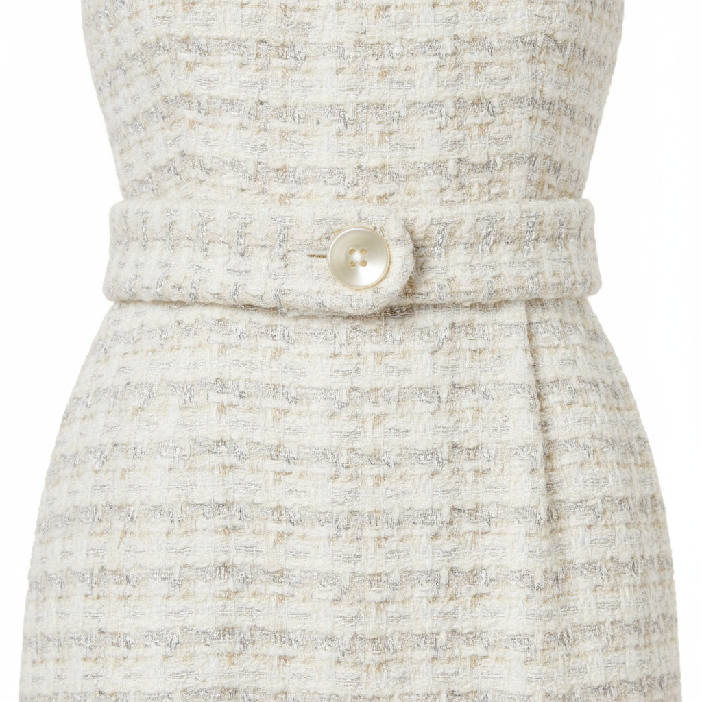 Tweed Belted Mini Dress in Ivory Pearl – Fabric Detail