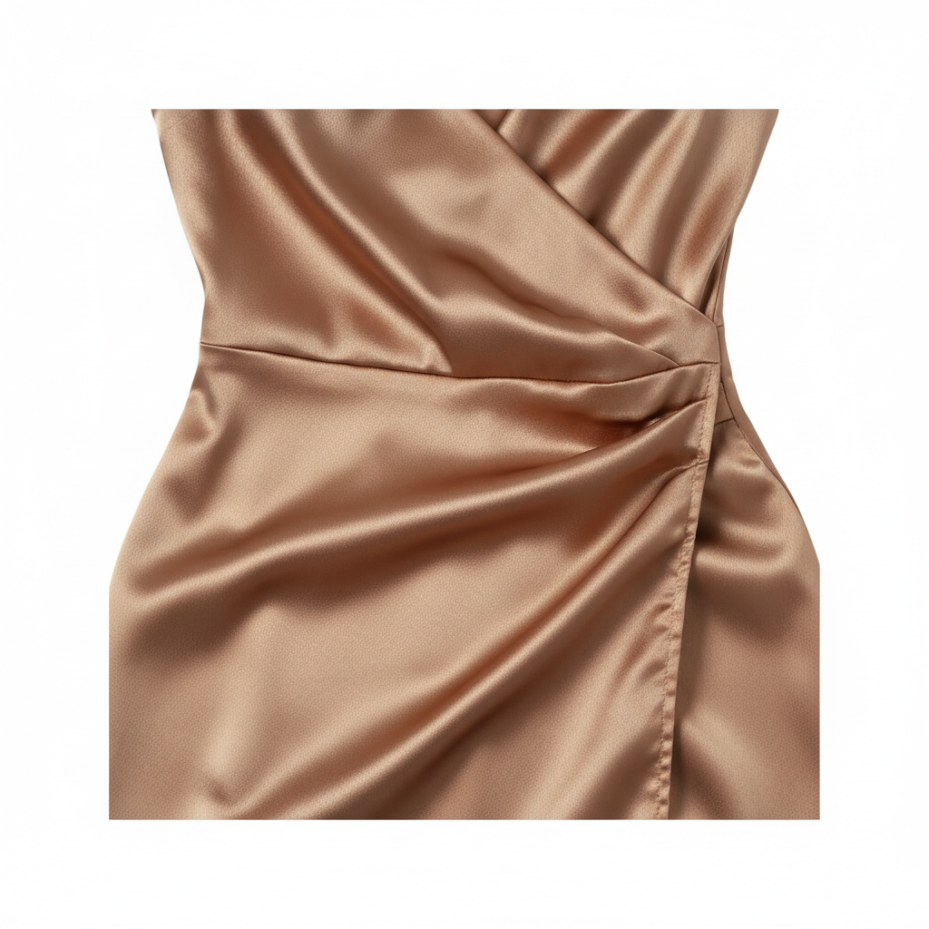 Satin Wrap Mini Dress in Champagne Bronze – Fabric Detail