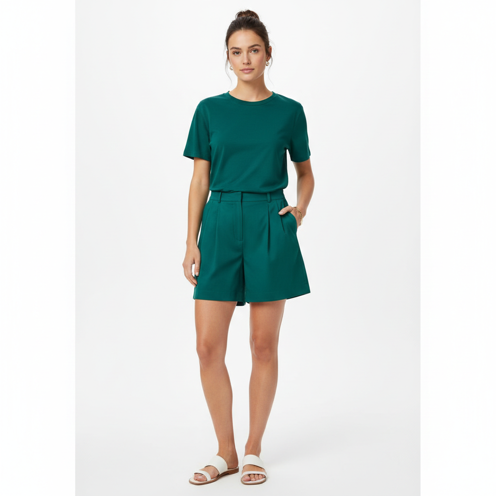 Casual Pleated Shorts in Emerald Teal – Model Shot