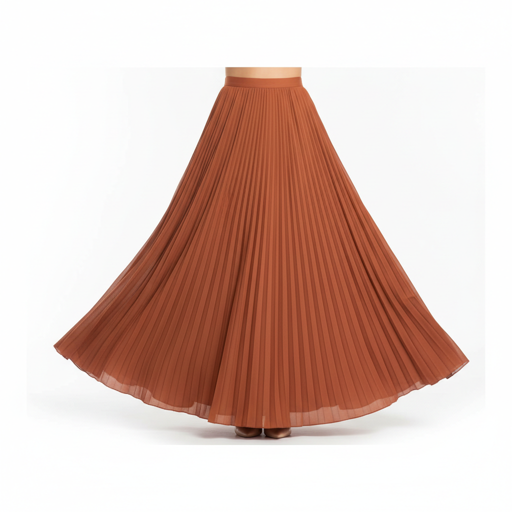 Pleated Long Skirt in Terracotta Rust – Model Shot