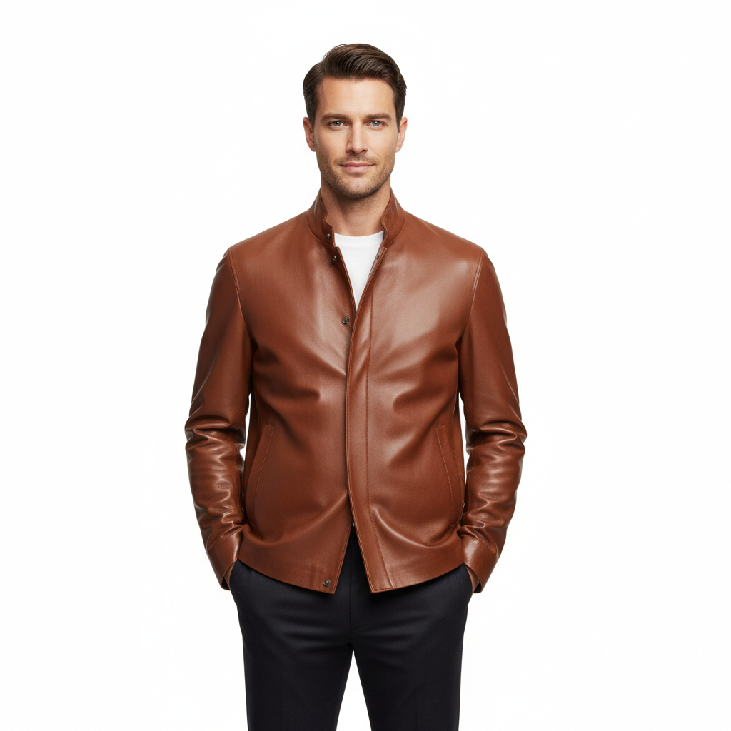 Noir Leather Jacket – Espresso Brown – Model